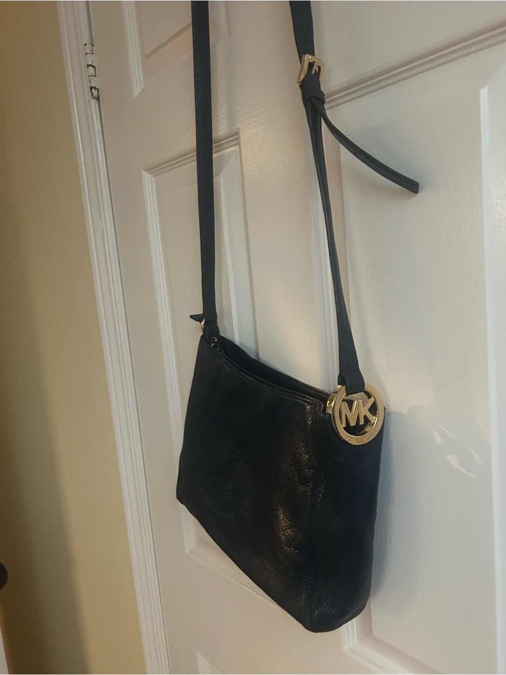 Michael Kors Navy Leather Shoulder Bag with Gold MK Pendant
